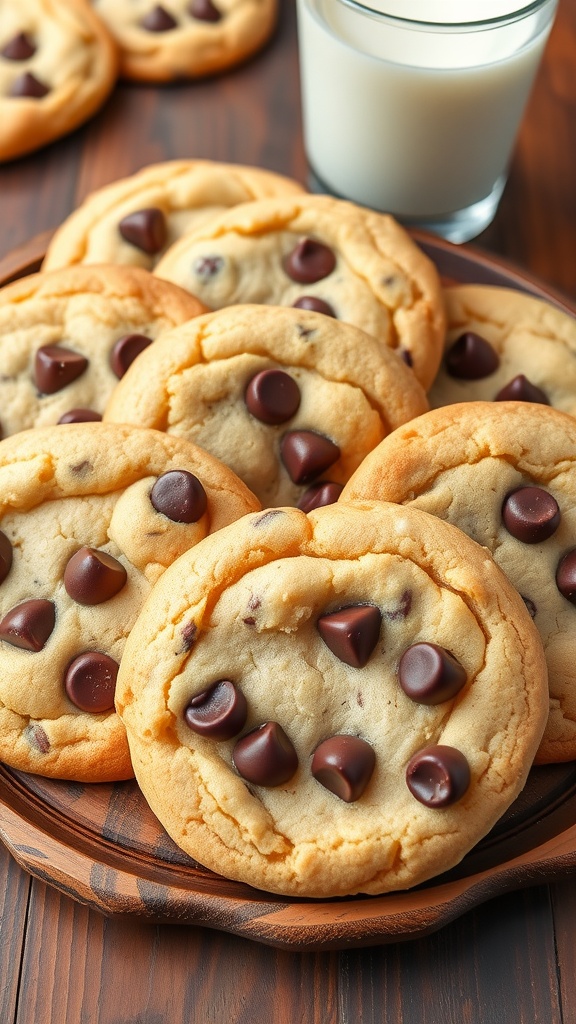 A delicious plate of chocolate chip cookies with melting chocolate chips, served with a glass of milk.